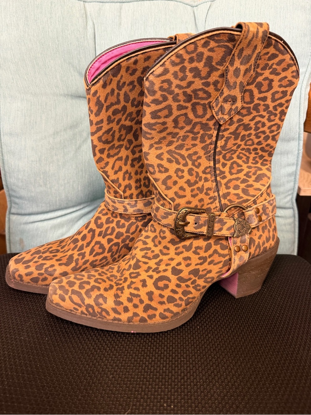 Leopard Print Mid-Calf Heeled Boots - Brown Leopard - Picture 2 of 6